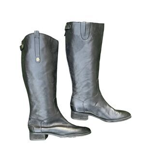 SAM EDELMAN Penny Tall Black Leather Riding Boots Women’s 8 Classic Zip Back